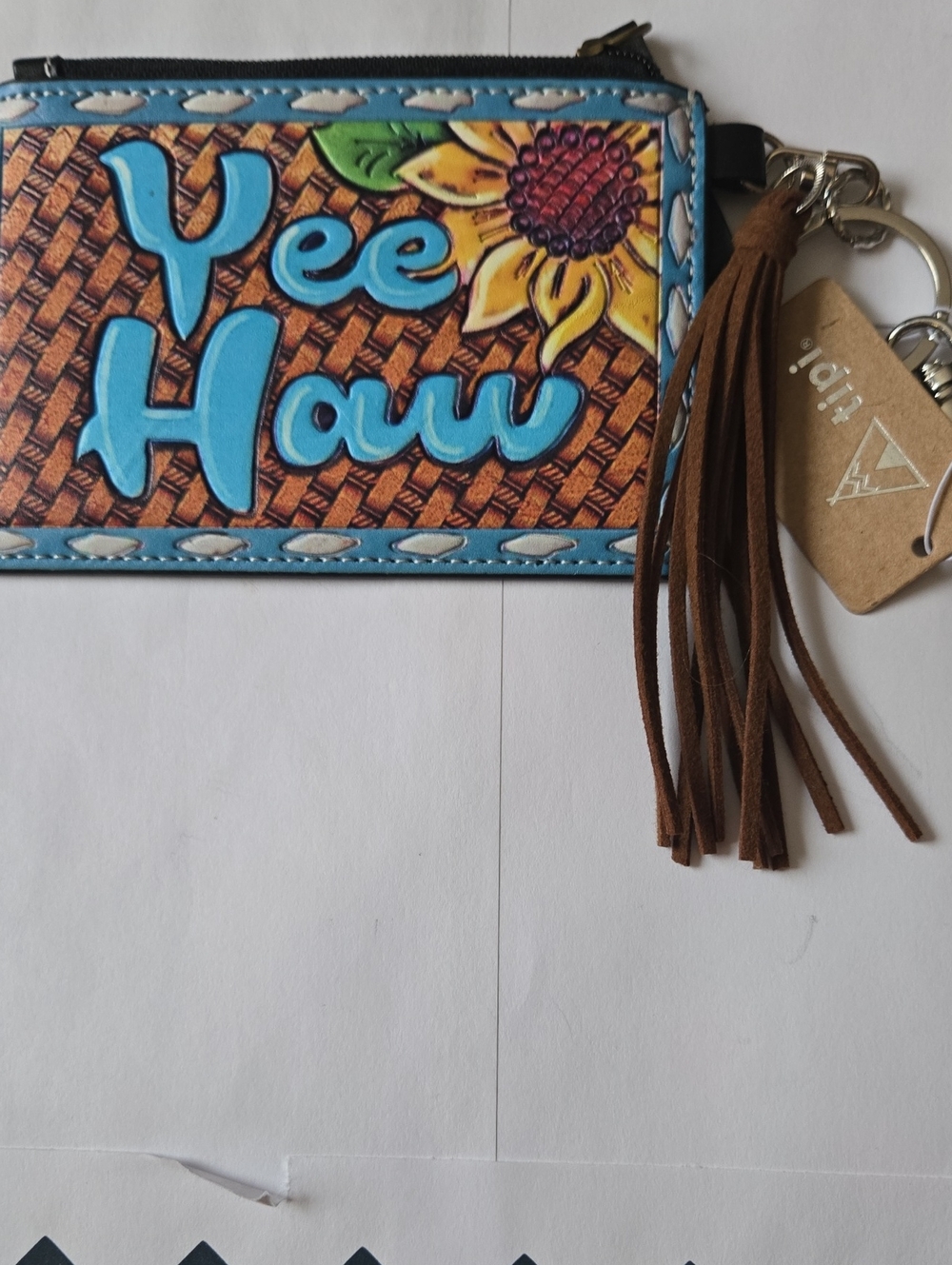 Western Sunflower Leather Wristlet Card Holder/Key Chain with Tassel NWT